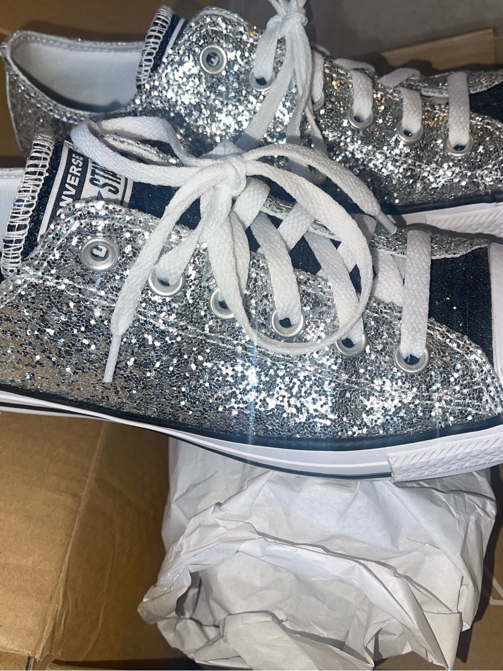 Converse Woman’s Silver Glitter Low Top Sneakers - Picture 2 of 7